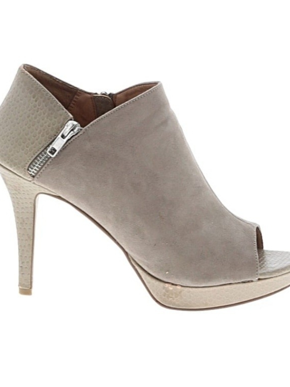 Report Taupe Suede Open-Toe High Heel Bootie with Textured Beige Accents